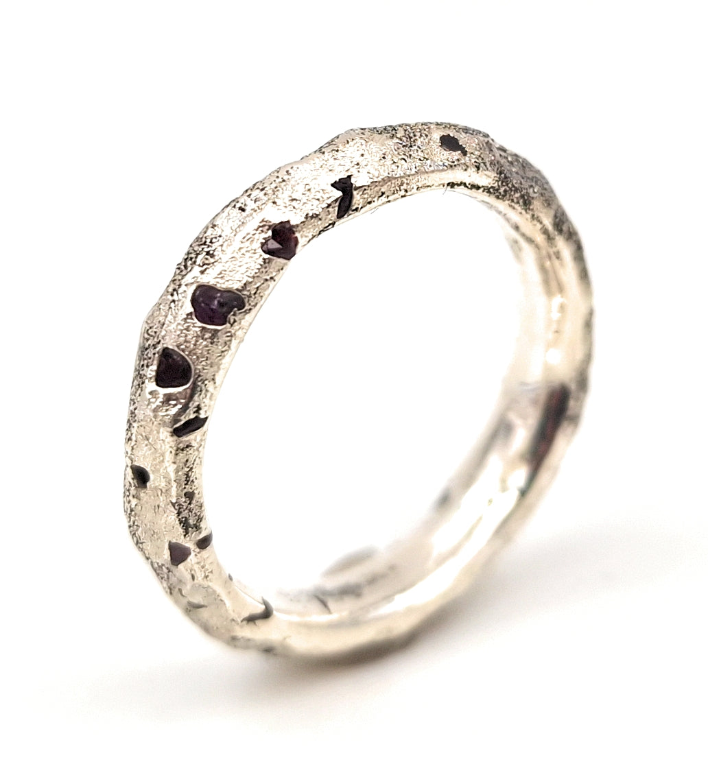 LeoLars-PABE Grober Sandguss Design Ring, Gr.61-62 (19,5) aus 925er Silber mit eingegossenen Saphiren, Unikat, Handarbeit