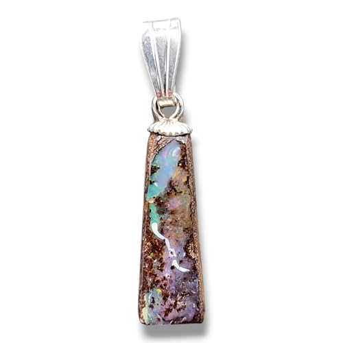 Boulder Opal Anhänger mit 925er Silber Stiftöse, Boulder Opal mit schönem Muster und partiellem Opalfeuer in verschiedenen Farben, Anhängermaße: 21,2mm x 6,1mm x 3,5mm, Unikat, Handgschliffen