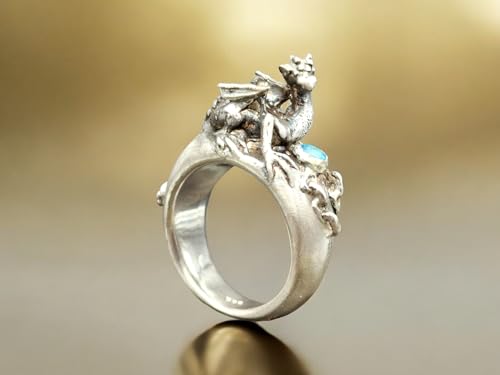 LeoLars-PABE Drachen Ring, aus 925er Silber mit einem Blautopas, Drachenwächter, Drachenschatz, Größe 57 (18,5), teilgeschwärzt, Unikat, Handarbeit