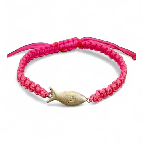 LeoLars-PABE Neon pinkfarbenes Makramee Armband mit einem Sandguss Schlickfisch aus 925er Silber, Umfang von 18-26 cm, Unikat, Handarbeit