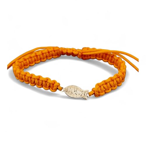 LeoLars-PABE Orangefarbenes Makramee Armband mit geprägtem 925er Silber Schlickfisch, Umfang von 15-26cm, Unikat, Handarbeit, Armbandmaße: 150mm x 8mm x 3,5mm