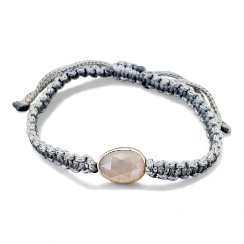 LeoLars-PABE Edelgraues Makramee Armband mit weißem Labradorit im Rosenschliff in einer 925er Silberfassung, Umfang von 17-23cm, Unikat, Handarbeit