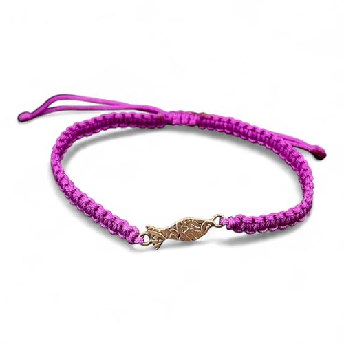 LeoLars-PABE Lila Makramee Armband mit einem geprägtem Schlickfisch aus 925er Silber, Umfang von 16-20cm, Unikat, Handarbeit