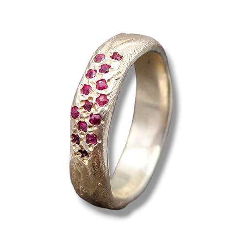 LeoLars-PABE Rubin Design Ring in Rindenoptik aus 925er Silber Gr. 56 (18) mit14 eingeriebenen Rubinen, Unikat, Handarbeit
