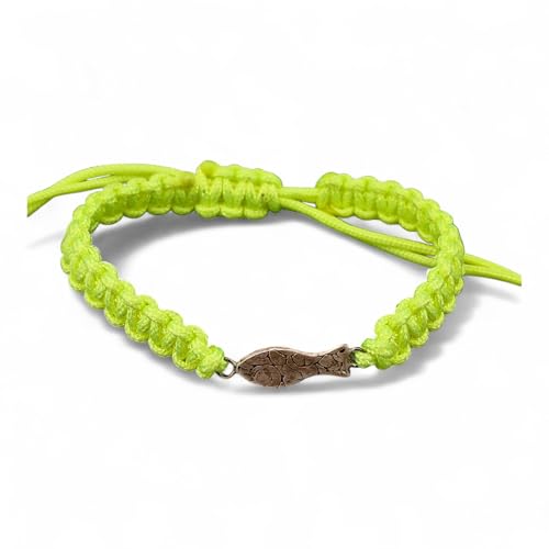 LeoLars-PABE Neon grün-gelbes Makramee Armband mit geprägtem Schlickfisch aus 925er Silber, Umfang von 15-24cm, Unikat, Handarbeit