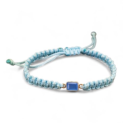 LeoLars-PABE Babyblaues Makramee Armband mit Chalzedon in einer 925er Silber Brillenfassung, Umfang von 16-22cm, Unikat, Handarbeit