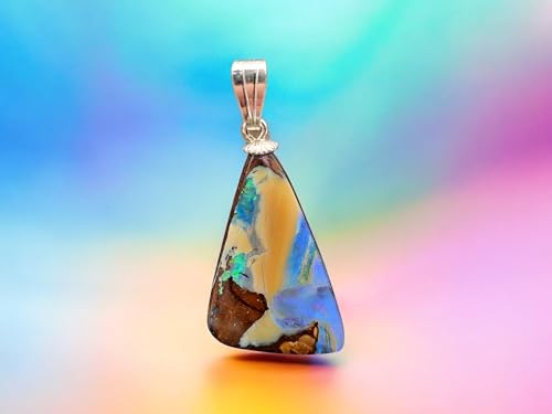 Toller Picture Stone Boulder Opal Anhänger mit 925er Silber Stiftöse, Opal blau-beige-braun mit partiellem grünen intensivem Opalfeuer, Unikat, Handgeschliffen Anhängermaße: 28,8mm x 16mm x 4,9mm