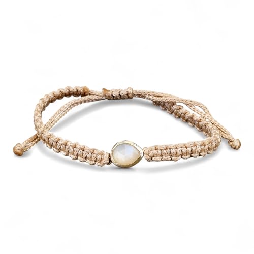 LeoLars-PABE Glänzend cremefarbenes Makramee Armband mit weißen Labradorit in einer 925er Silber Fassung, Umfang von 18-26cm, Unikat, Handarbeit