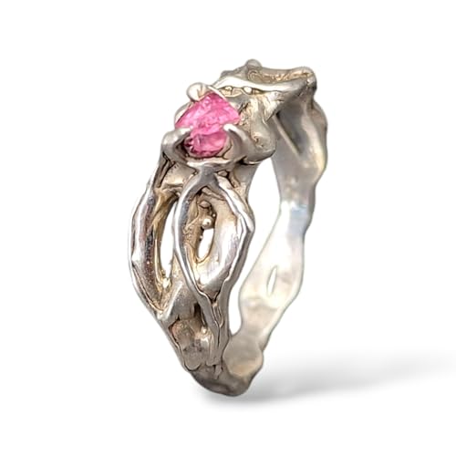 LeoLars-PABE Rosa Turmalinkristall Ring mit Krappen gefasst in einem organisch verwachsenen Design aus 925er Silber. Größe 54, liebevolle Handarbeit, Unikatschmuck