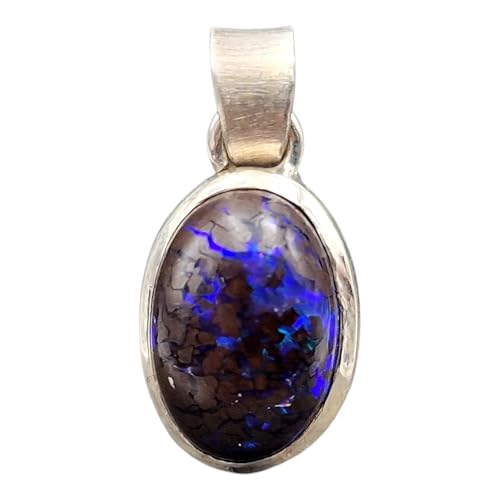 LeoLars-PABE Matrix Boulder Opal Design Anhänger aus 925er Silber, Opal: 12,5mm x 8,5mm mit Opaladern mit blau-lila intensivem Opalfeuer, Unikat, Handarbeit, Unisex