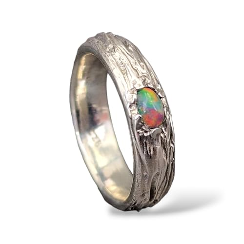 LeoLars-PABE Lightning Ridge Multicolor Opal Ring, Gr. 56 (18), aus 925er Silber im Wurzeldesign, Opal mit intensiven Farben, 5x3mm, Unikat, Handarbeit