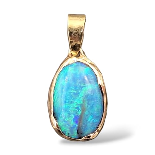 LeoLars-PABE Semi Chrystal Opal Anhänger aus Lightning Ridge mit Wellen Design Fassung aus 585er Gelbgold, Opal blau-grünes Opalfeuer, 13,8x9,2mm, Unikat, Handarbeit