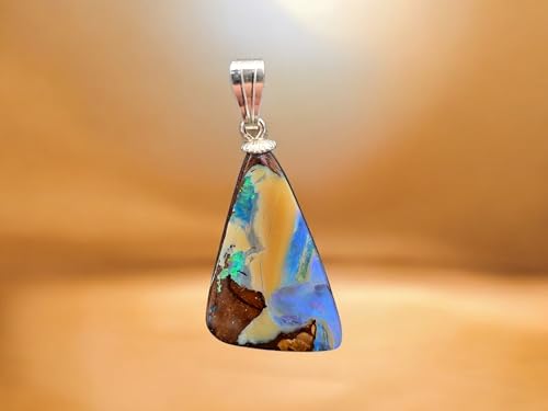 Toller Picture Stone Boulder Opal Anhänger mit 925er Silber Stiftöse, Opal blau-beige-braun mit partiellem grünen intensivem Opalfeuer, Unikat, Handgeschliffen Anhängermaße: 28,8mm x 16mm x 4,9mm