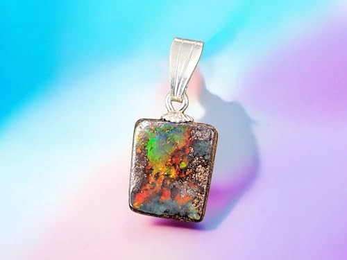 LeoLars-PABE Boulder Opal Anhänger mit 925er Silber Stiftöse, großflächiges Hologramm Effekt mit Opalfeuer von grün über gelb bis rot, Anhängergröße: 15,5mm x 9,7mm x 3,5mm, Unikat, Handgeschliffen