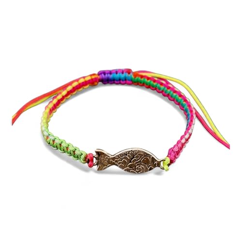 LeoLars-PABE Buntes Makramee Armband mit einem geprägten Schlickfisch aus 925er Silber, Umfang von 12-24cm, Unikat, Handarbeit