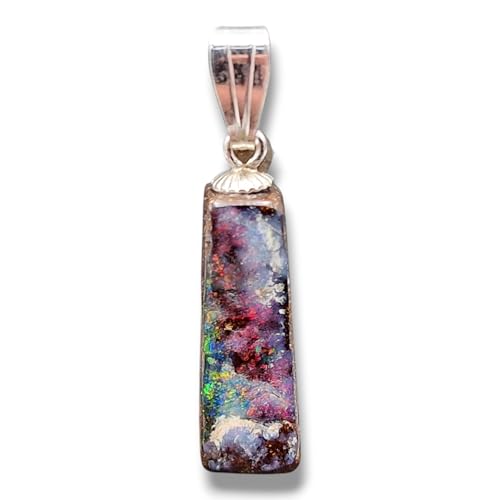 LeoLars-PABE Multicolor Boulder Opal Anhänger mit 925er Silber Stiftöse, Opalfeuer in allen Farben mit viel rot, tolles Muster, Anhängergröße: 22,6mm x 6,8mm x 6,8mm, Unikat, Handgeschliffen