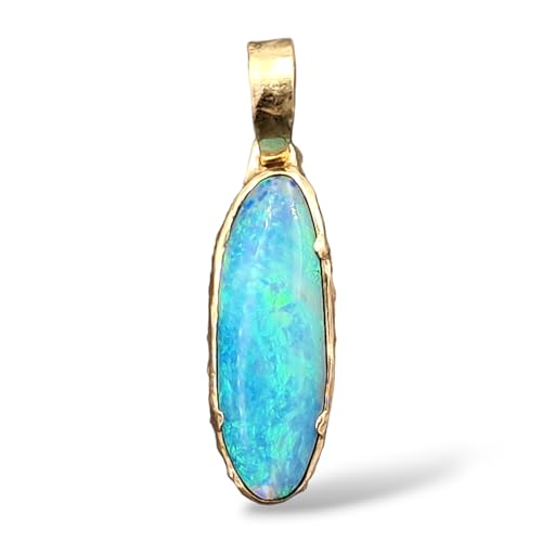 LeoLars-PABE Opal Anhänger mit Lightning Ridge Semi Chrystal Opal aus 585er Gelbgold, Opal - grün-blaues Opalfeuer 19,8x6,6mm, Dot Design Fassung, Unikat, Handarbeit