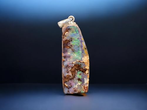 LeoLars-PABE Anhänger mit Boulder Opal und 925er Silber Stiftöse, Picture Stone, mehrfarbiges Opalfeuer mit viel grün, Opal 33 x 13 x 5,4mm, Unikat, Handgeschliffen