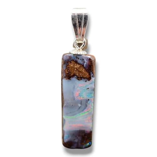 LeoLars-PABE Boulder Opal Picture Stone Anhänger mit 925er Silber Stiftöse, Nebel mit mehrfarbigem pastellfarbenem Opalfeuer, Anhängermaße: 26,2mm x 7,9mm x 5,1mm, Unikat, Handgeschliffen