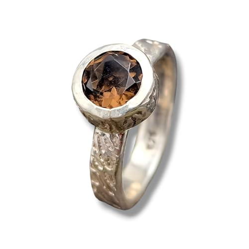 LeoLars-PABE Rauchquarz Design Ring aus 925er Silber, mit einer geprägten Ringschiene und Zargenfassung in Größe 54-55 (17,5), Unikat, liebevolle Handarbeit