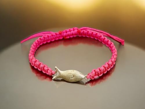 LeoLars-PABE Rosa Makramee Armband mit 925er Silber Sandguss Schlickfisch, Umfang von 16-25cm, Unikat, Handarbeit, Armbandmaße: 160mm x 8,5mm x 3,5mm