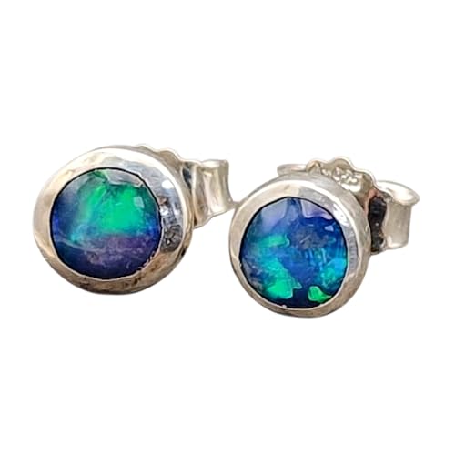 Lightning Ridge Opal Ohrstecker aus 925er Silber mit Flügelmuttern, grün-blaues Opalfeuer, Unikat, Handarbeit