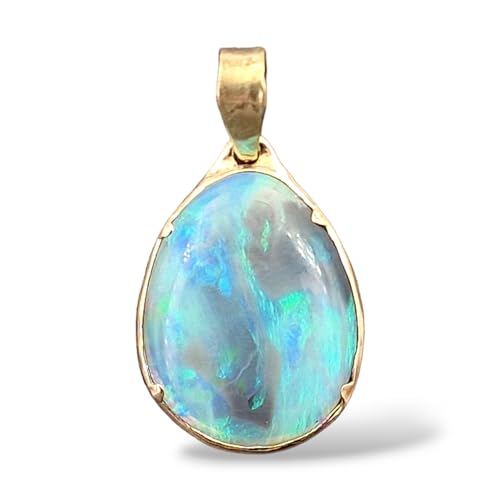 LeoLars-PABE Lightning Ridge Opal Anhänger aus 585er Gelbgold, Opal - Semi Chrystal mit blau-grünem Opalfeuer, 18,2x14,2mm, beidseitig, Unikat, Handarbeit