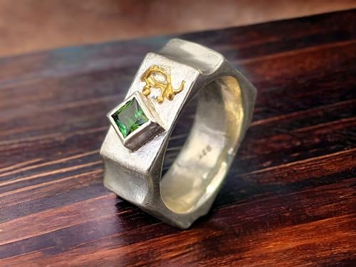 LeoLars-PABE Grüner Turmalin Design Ring, Gr. 54 (17,2), aus 925er Silber, spezielle Außenform, teil gebürstet, mit Feingold Element, Unikat, Handarbeit