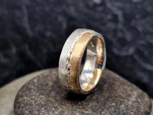 LeoLars-PABE Bicolor Sandguss Design Ring aus 925er Silber und 585er Gelbgold, angegossen, Sandguss Oberflächen Struktur, Unikat, Handarbeit, Ringgröße: 57 (18,5)