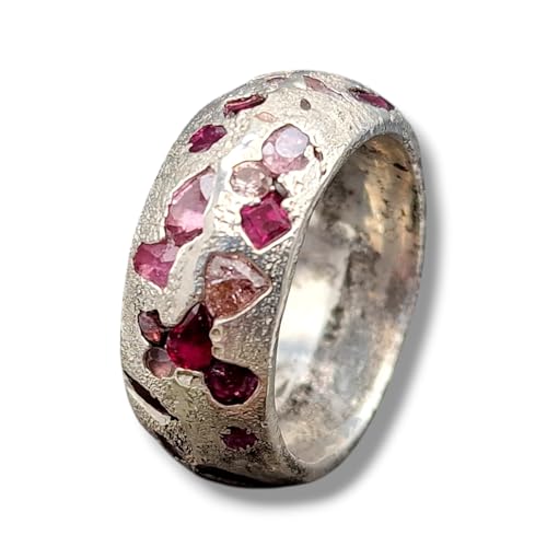LeoLars-PABE Chaos Sandguss Design Ring aus 925er Silber, mit echten eingegossenen rosa Saphir und rotem Rubin, Nr.120, Größe: 59 (18,7), Unikat, Handarbeit