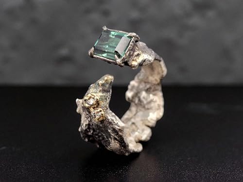 LeoLars-PABE Krasser offener Design Ring, Gr.57 (18,3), aus geschwärztem 925er Silber mit grünblauem Turmalin und 2 Labgrown Diamanten in 585er Gelbgoldfassung, Stein Optik, Unikat, Handarbeit