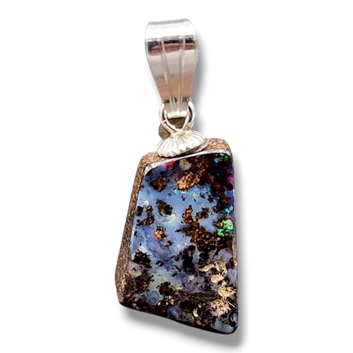 LeoLars-PABE Boulder Opal Anhänger mit tollem Muster und 925er Silber Stiftöse, partiell intensives Opalfeuer in blau, grün und rot, Anhängermaße: 19mm x 9,9mm x 6,4mm, Unikat, Handgeschliffen