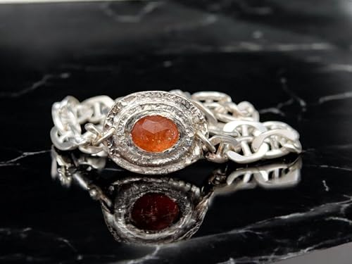 LeoLars-PABE Sonnenstein Design Armband aus 925er Silber, Sonnenstein im Rosenschliff mit Zargenfassung, Panzerarmband 20cm lang, Unikat, Handarbeit