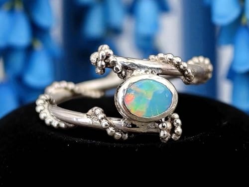 LeoLars-PABE Verspielter, zarter Lightning Ridge Opal Design Ring aus 925er Silber, Gr. 52 (16,7), kräftiges Opalfeuer in blau und grün, Unikat, Handarbeit