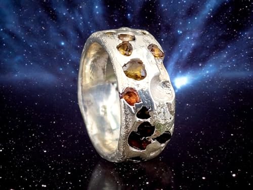 LeoLars-PABE Sandguss Chaos Blubber Design Ring aus 925er Silber, Größe 61 (19,5), mit echten verschieden farbigen eingegossenen Saphiren, Sandguss Struktur, Nr.139, Unikat, Handarbeit, Unisex