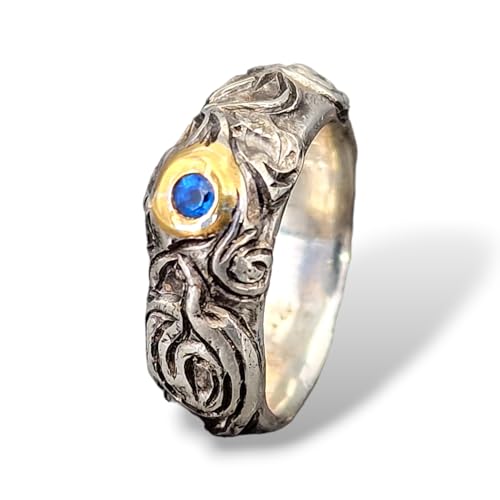 LeoLars-PABE Hauyn Design Ring aus 925er Silbermit Feingold Fassung, verschnörkeltes verspieltes Design, Gr. 53 (17), teilgeschwärzt, Hauyn d 2mm, Unikat, Handarbeit