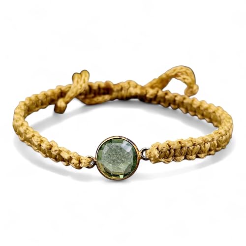 LeoLars-PABE Beige goldfarbenes Makramee Armband mit Phrasolith in einer vergoldeten 925er Silberfassung, Umfang von 16-22cm, Unikat, Handarbeit