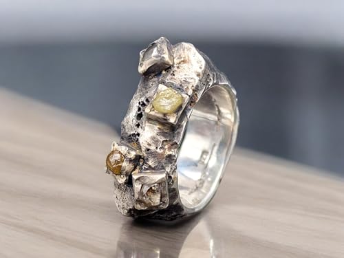 LeoLars-PABE Rohdiamant Design Sandguss Ring aus 925er Silber, Sandguss Oberflächenstruktur teilgeschwärzt, vier verschieden farbige Rohdiamant Würfel, Unikat, Handarbeit, Ringgröße 59 (18,7)