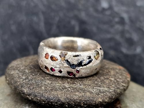 LeoLars-PABE Sandguss Design Chaos Ring, Größe 60 aus 925er Silber mit eingegossenen verschieden farbigen Saphiren, massiv, Nr.131, Unikat, Handarbeit