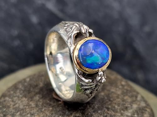 LeoLars-PABE Lightning Ridge Black Opal Drachen Ring Größe. 61 (19,2) aus 925er Silber mit 585er Gelbgold Fassung von 2 Drachen, Opal grün-blaues Opalfeuer, Unikat, Handarbeit