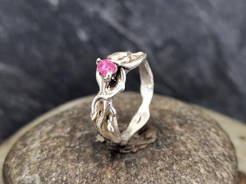LeoLars-PABE Rosa Turmalinkristall Ring mit Krappen gefasst in einem organisch verwachsenen Design aus 925er Silber. Größe 54, liebevolle Handarbeit, Unikatschmuck
