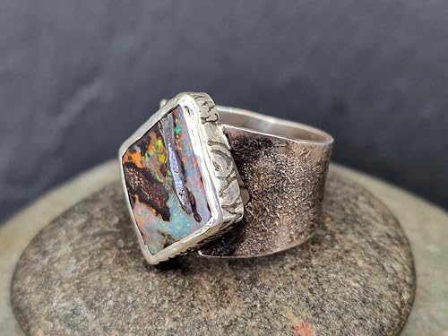 LeoLars-PABE Multicolor Boulder Opal Ring, Gr.60-61 (19,2), Antikes Design, teilgeschwärzt, Goldelement, Opal 18x14,8mm, Unikat, Handarbeit