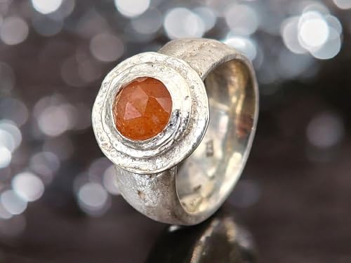 LeoLars-PABE Sonnenstein Sandguss Design Ring aus 925er Silber, Sandguss Struktur, Sonnenstein im Rosenschliff, Gr. 59/60 (19), Unikat, Handarbeit