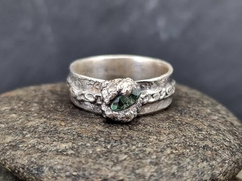LeoLars-PABE Türkisfarbener Turmalin Design Ring, Gr. 57 (18,3), aus 925er Silber, Turmalin Navette facettiert, organisch geteilte Zargenfassung, verziert, Unikat, Handarbeit
