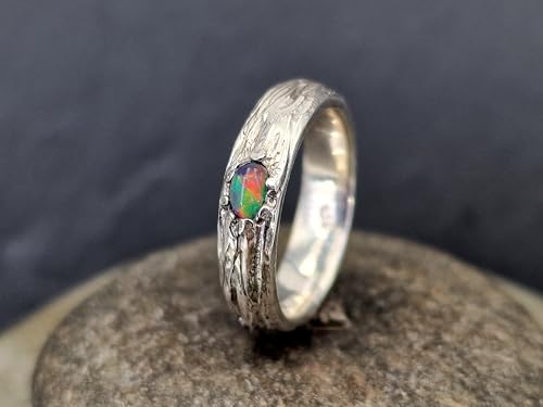 LeoLars-PABE Lightning Ridge Multicolor Opal Ring, Gr. 56 (18), aus 925er Silber im Wurzeldesign, Opal mit intensiven Farben, 5x3mm, Unikat, Handarbeit
