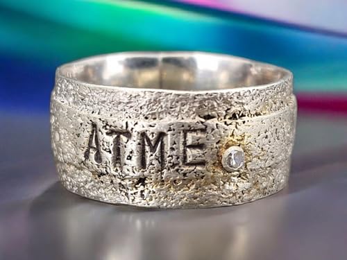 LeoLars-PABE Sprüche Ring Atme aus 925er Silber, Gr. 63 (20), mit Struktur und Diamant in Zargenfassung, Unikat, Unisex, Handarbeit