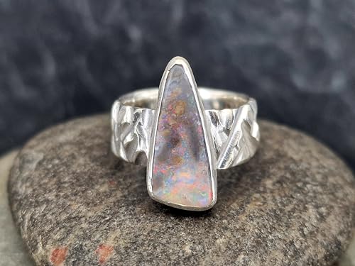LeoLars-PABE Boulder Opal Design Ring aus 925er Silber, grobe Design Ring Struktur, massiv, Opal mit grauer gemeiner Opalschicht mit tollem mehrfarbigen Opalfeuer, Größe: 54 (17,2), Unikat Handarbeit