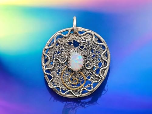 LeoLars-PABE Großer Lightning Ridge Opal Design Anhänger aus 925er Silber mit Spirale des Lebens aus Feingold, wildes organisches Filigree Muster, Unikat, Handarbeit