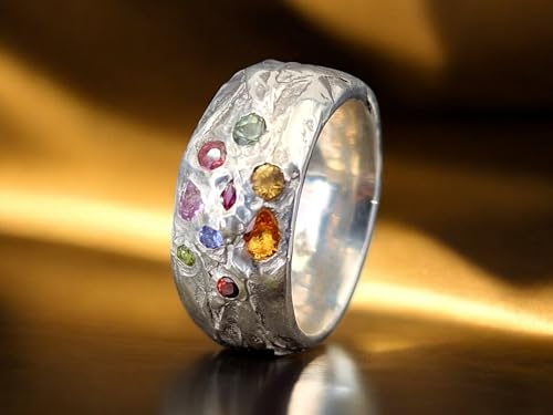 LeoLars-PABE Kräuterblätter Design 420 Ring aus 925er Silber, Größe 58 (18,5), verschiedenfarbige eingeriebene Saphiren, Massiv, Unikat, liebevolle Handarbeit, Maße Ring. 25mm x 24,5mm x 10mm