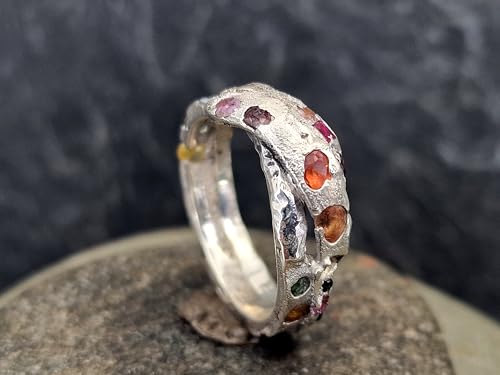 LeoLars-PABE Brechende Welle Design Chaos Sandguss Ring aus 925er Silber, mit echten eingegossenen Edelsteinen, Ringgröße: 63 (20), Unikat, Handarbeit
